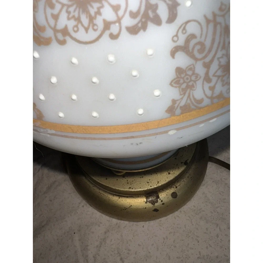 Vintage Leviton Porcelain Lamp Brass Patina White Gold Floral Glamour Style